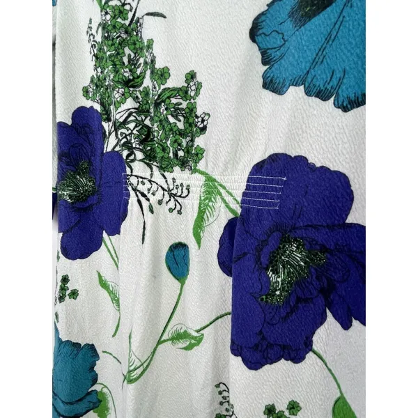 Anthropologie Deletta Haru Size Medium Floral Tunic Top Blue Green Puff Sleeve - Image 6