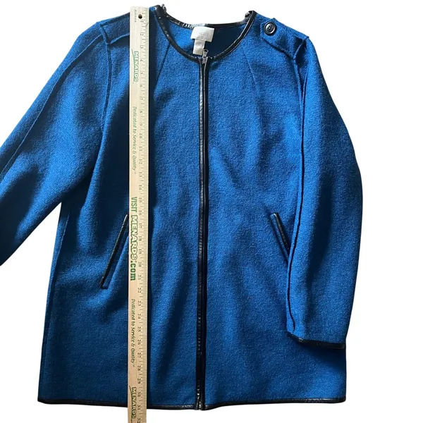 Chicos Boiled Wool Jacket Womens Sz‎ 2 L Blue Faux Leather Trim Zip Front Blazer - Image 9