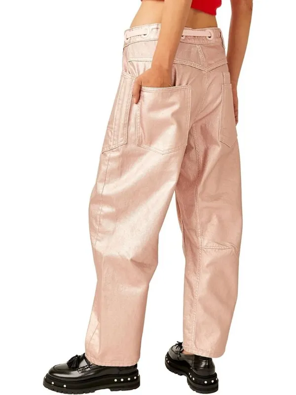 NWT We The Free People Moxie in Bubblegum Pink Metallic Barrel Jeans 27 - Image 4