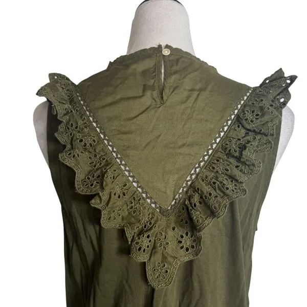 J.Crew Eyelet Lace Ruffle Blouse Tank Small Olive Green Cottage Peasant Boho - Image 5