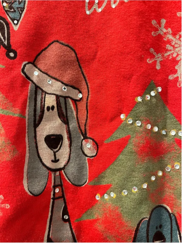 Vtg Jess & Jane Christmas Shirt Women's Medium Red Bow Wow Dogs Rhinestone Bling - Image 9