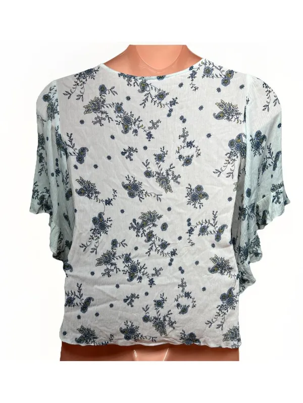 Women's LC LAUREN CONRAD White w Blue Floral Flutter Sleeve Blouse Size Medium - Image 4
