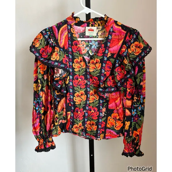 Farm Rio Black Spring Banana Colorful Ruffled Blouse Top NEW - Image 2