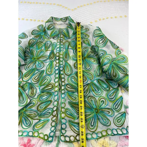 Laura Ashley Green Floral Embroidered Sheer Organza Button Down Shirt Large‎ - Image 11