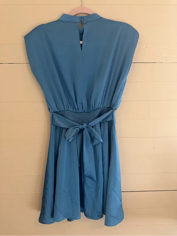 High-Neck Sky Blue Mini Dress with Defined Waist - Image 2