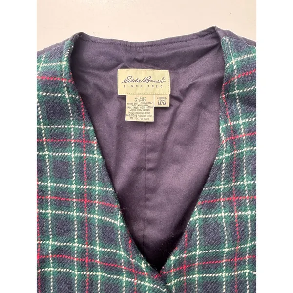 Eddie Bauer Womens Vintage Navy, Green Wool Plaid Button Down Vest M - Image 2