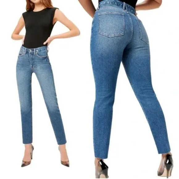 Good American Good Classic Raw Hem High Rise Slim Straight Stretch Jeans 0 25 - Image 2