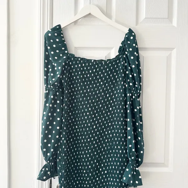 Petal & Pup Green White Polka Dot Smocked Bodycon Midi Dress Puff Sleeve US 10 - Image 5