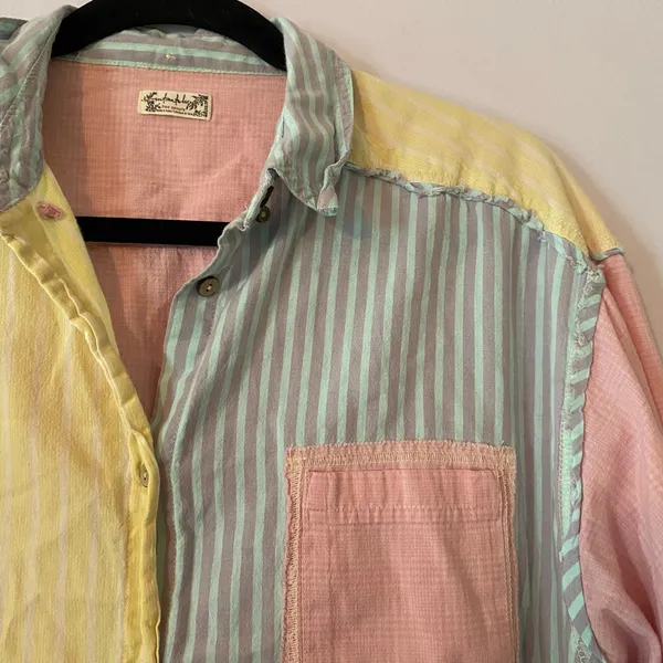 Free People Intimately Pastel Color Stripe Oversized Boho Button Down Shirt XS - Image 3