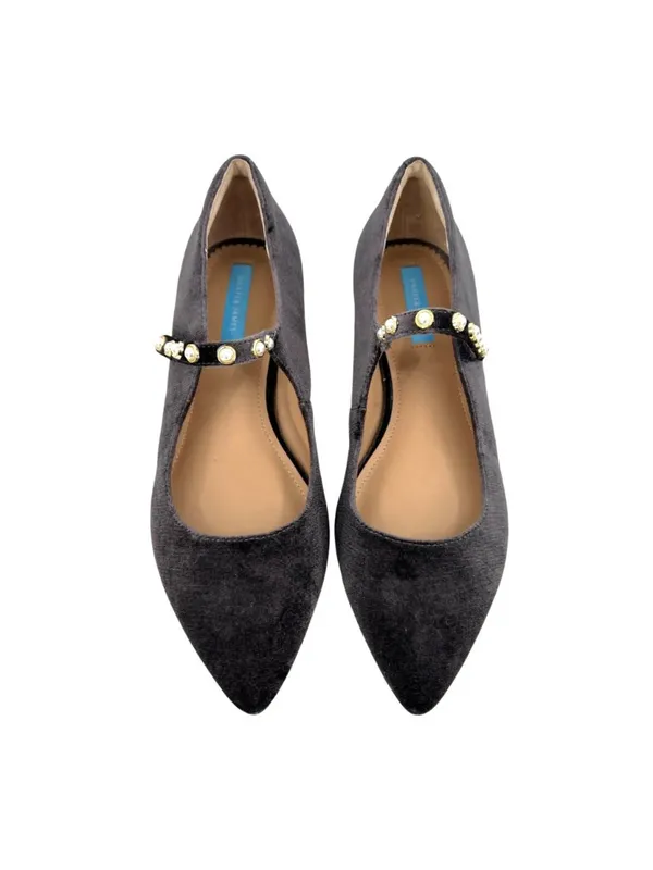 Draper James Abigail Velvet Mary Jane Flats Pearl Embellished Gray Size 8 - Image 2