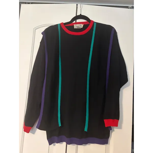 Sweater Bee‎ Black Purple Green Red Trim Long Sleeve Knit Sweater Size S - Image 2