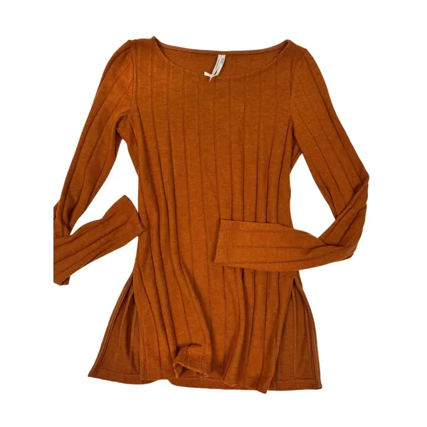 Anthropologie Ribbed Knit Tunic Sweater‎ Top XS Rust Orange Stretch Minimalist - Image 2