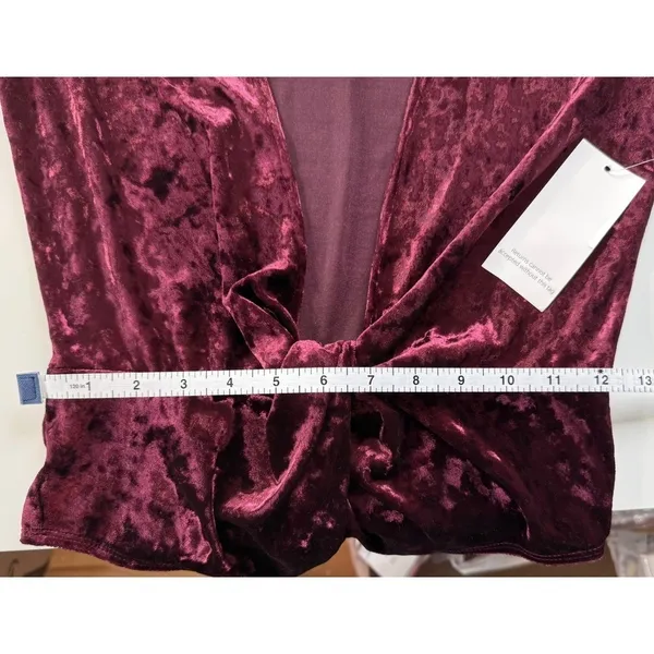 Tobi Burgundy Crushed Velvet Plunge‎ V-Neck Tie Front Bodysuit Whimsigoth Small - Image 8