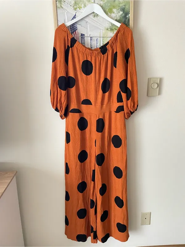 Farm Rio Anthropologie Mirana Off Shoulder Polka Dot Jumpsuit in Size Large - Image 3