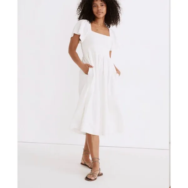 Madewell Lucie Smocked Linen Blend Midi Dress Sz S White - Image 7