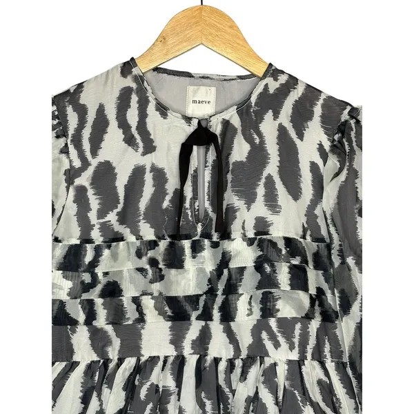 Maeve Anthro Animal Print Mini Dress XXS Gray Tiered Ruffle Long Sleeve Chiffon‎ - Image 5