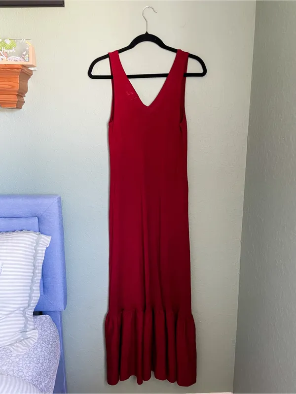 Mango Linen Blend V-Neck Maxi Dress Red Tiered Ruffle Hem Elastic Waist XS Red - Image 8