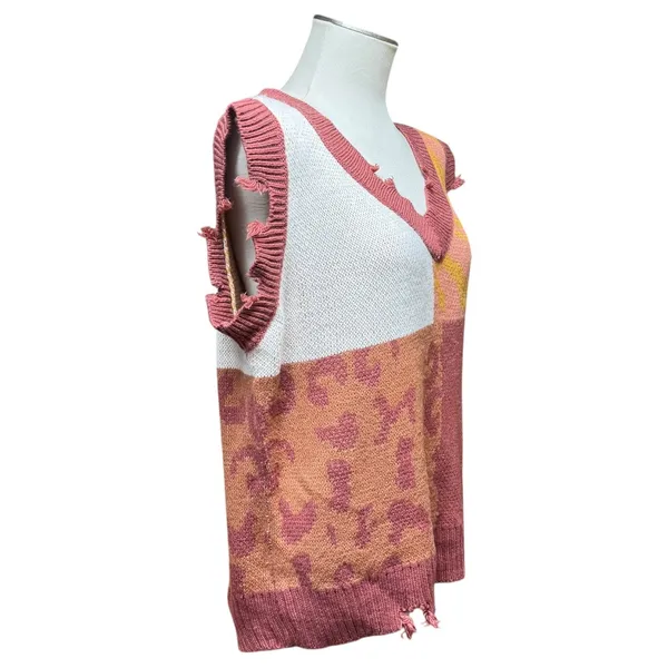 Umgee Wild Ride Sweater Vest Distressed V-Neck Red Brick Animal Print Small - Image 6