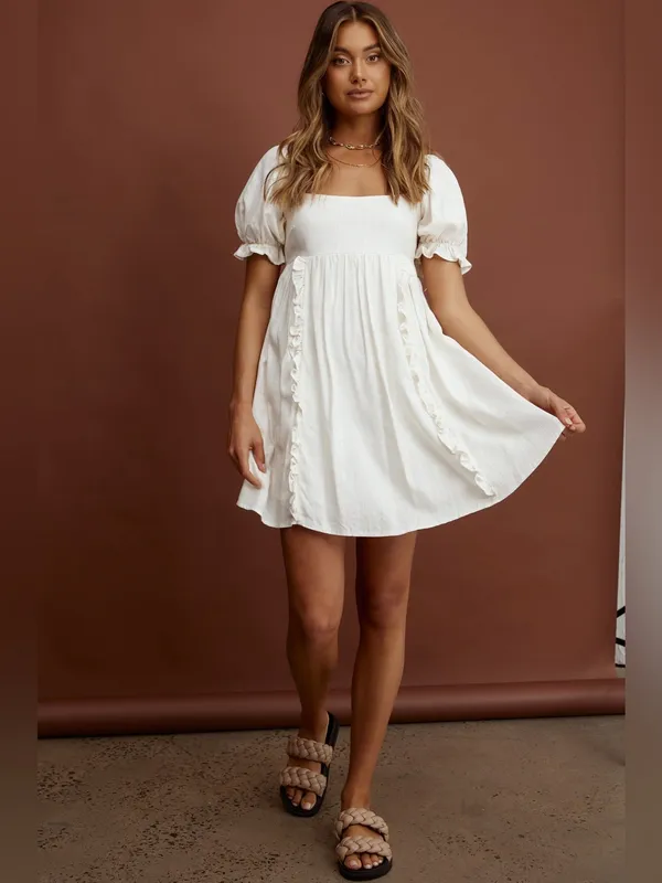 $99 NWT Selfie Leslie X Indikah Macedonia Puff Sleeve Babydoll Dress Cream, S - Image 3