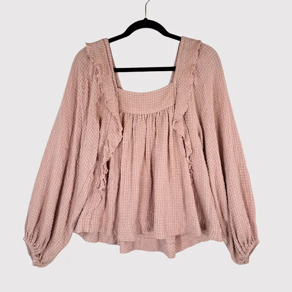 Free People Womens Top Pink Bonnie Ruffle Plaid Babydoll Blouse Stretch Boho XS - Image 2