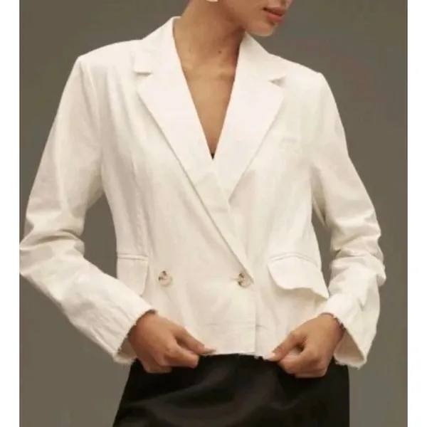 Pilcro by Anthropologie Fray Hem Blazer Ivory Double-Breasted Oversize Size XS - Image 2