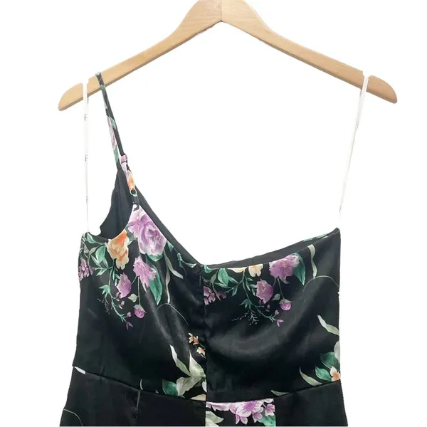 NWT Lulus Keepin' It Chic Black Floral Satin One-Shoulder Midi Dress Size Medium - Image 6