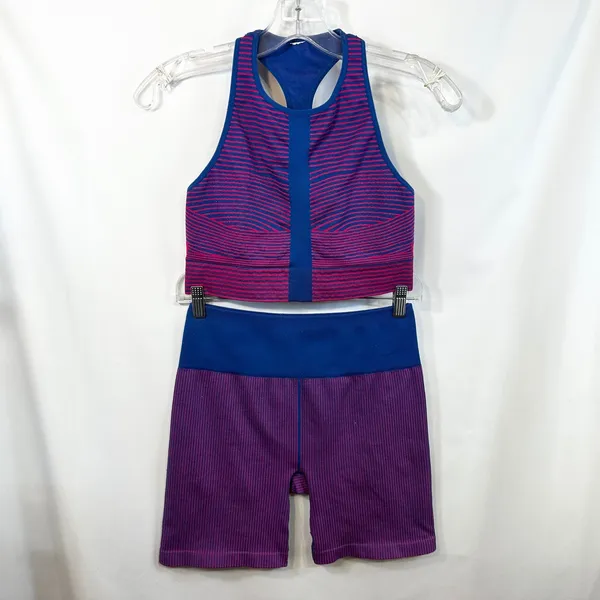 Fabletics Medium Workout Set Pink Blue Seamless Sports‎ Bra Bike Shorts 1597 - Image 5