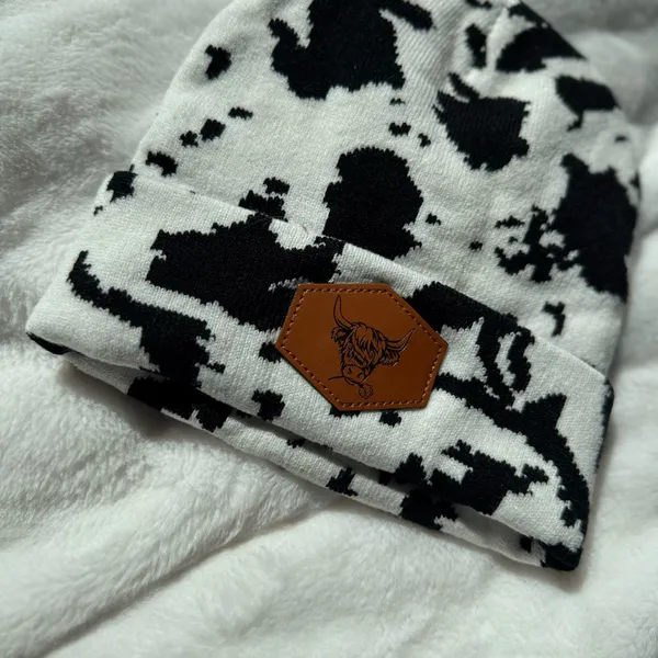 Boutique Cow Print Beanie Western Boho Knit Hat Black White - Image 3