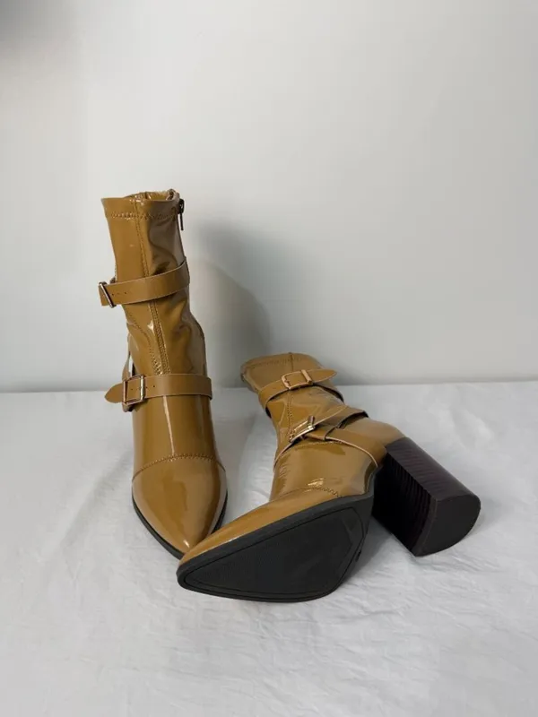 Bamboo Patent Leather Ankle Boots Women’s 7.5 Block Heel Buckle Strap Tan Brown - Image 12