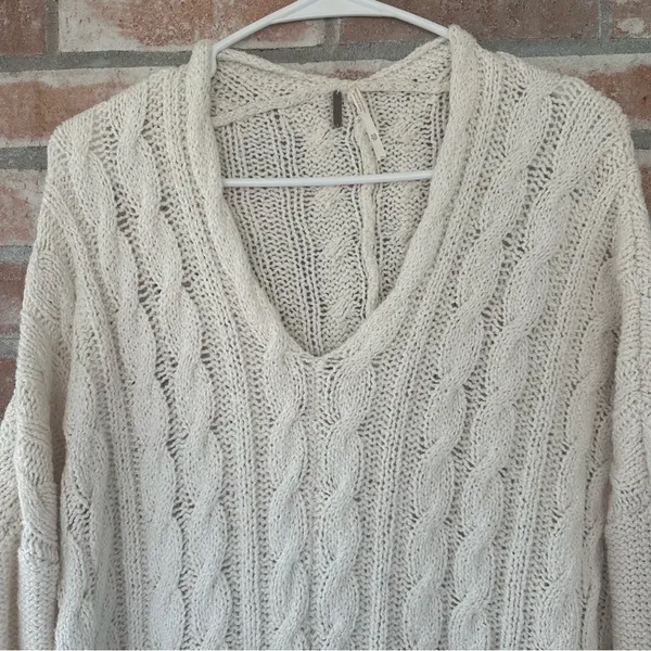 Free People Easy Cable Knit Sweater Drop Shoulder Oversized Women’s XS Beige - Image 3