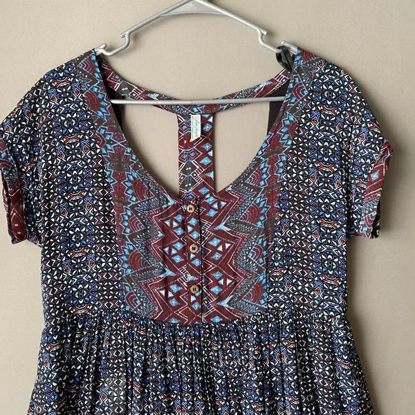 Free People Rayon Boho Beachy Relaxed Geometric T-Back Mini Dress Small‎ Blue - Image 2