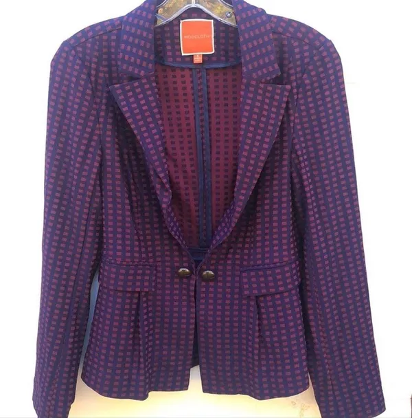 Modcloth Womens small Navy & Maroon Grid Print Bow Back dressy Casual blazer - Image 2