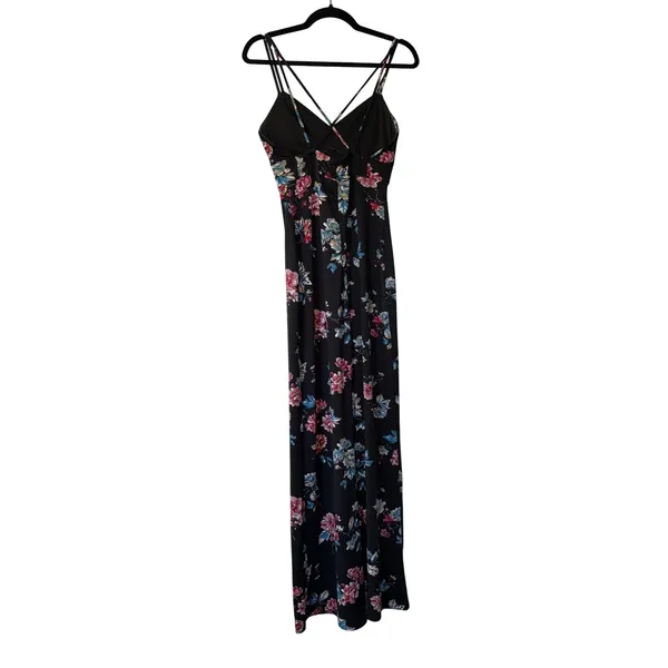 Active USA Black Floral V-Neck‎ Strappy Back Jumpsuit Medium - Image 2