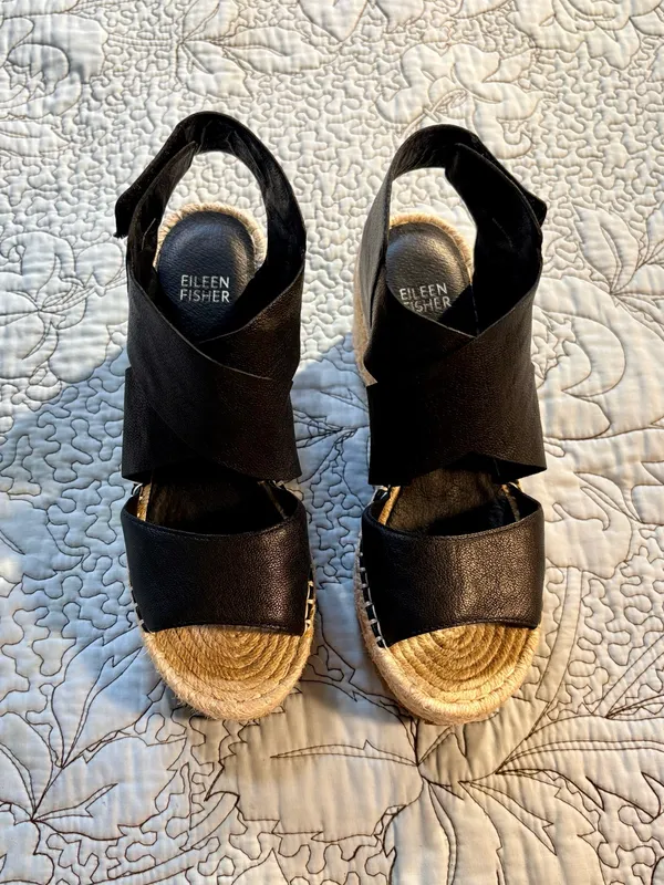 ☀️Eileen Fisher Willow Black Leather Espadrille Wedge Sandals Sz 7.5🧡 - Image 2