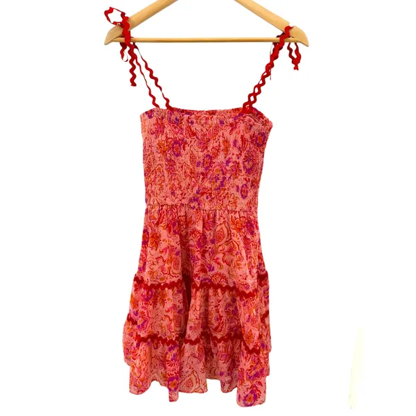 Meet Me In Santorini Pink Floral Smocked Ric-Rac Tiered Mini Dress S Resort - Image 7