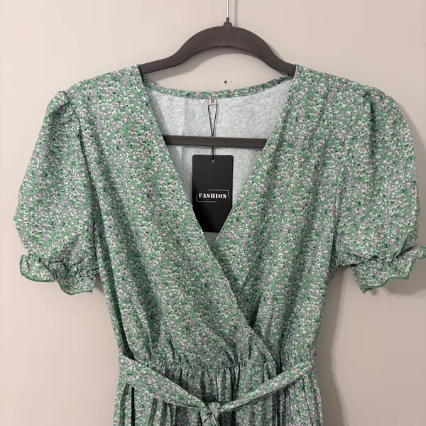 Fashion Floral Pleated Midi Dress Green Purple‎ Ditsy Puff Sleeve V-Neck Size M - Image 11