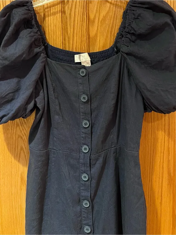 Rachel Parcell Square Neck Button Front Puff Sleeve Linen Dress Dark Blue XS - Image 4