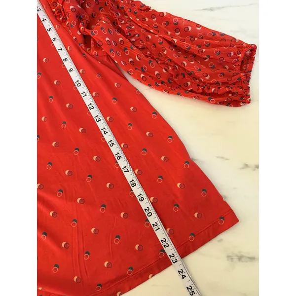 Maeve Anthropologie Red Geometric Dot Mixed Media Ruffle Tie Neck Blouse Medium - Image 7
