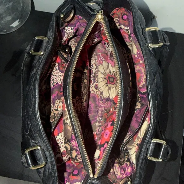 Vera Bradley Black Quilted Leather Satchel Floral Lining Shoulder Bag Classy - Image 15