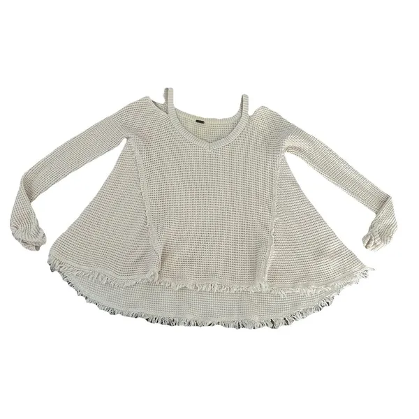 Free People Women’s Waffle Knit Top Moonshine Cold shoulder Raw‎ Hem - Image 2