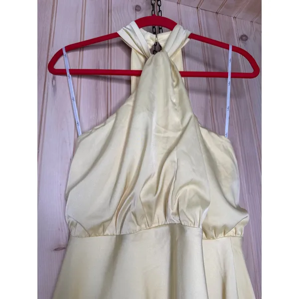 NWT Lulus Sleek Essence Light Yellow Satin Halter Sleeveless Mini Dress Party M - Image 5