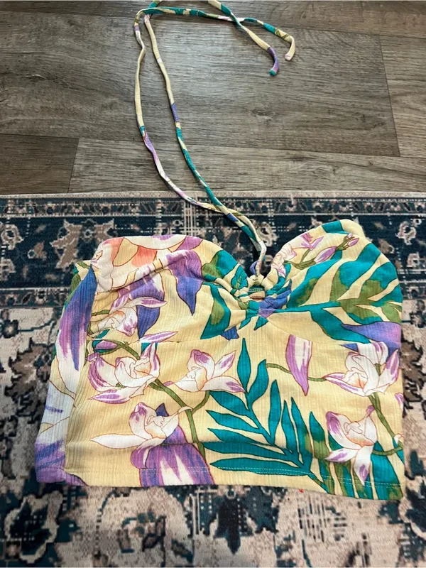 Billabong Floral Halter Crop Top in Yellow, Teal & Purple - Image 3