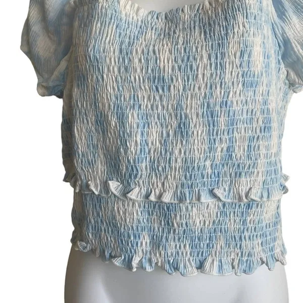 Lush Clothing Smocked Babydoll Top XL Blue White‎ Milkmaid Puff Sleeve Cottagecore - Image 5