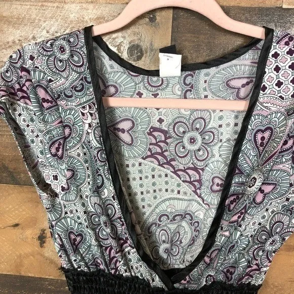 Windsor Womens Paisley Floral Smocked Empire‎ Waist Tunic Top Purple Teal Medium - Image 2