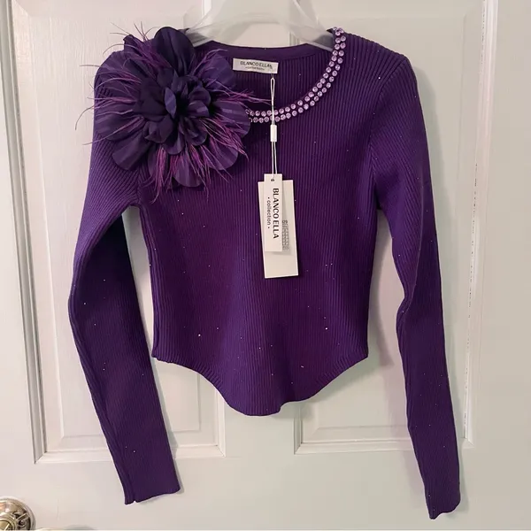Women’s Purple Floral Rhinestone Ribbed Long Sleeve Crop Top - Image 2