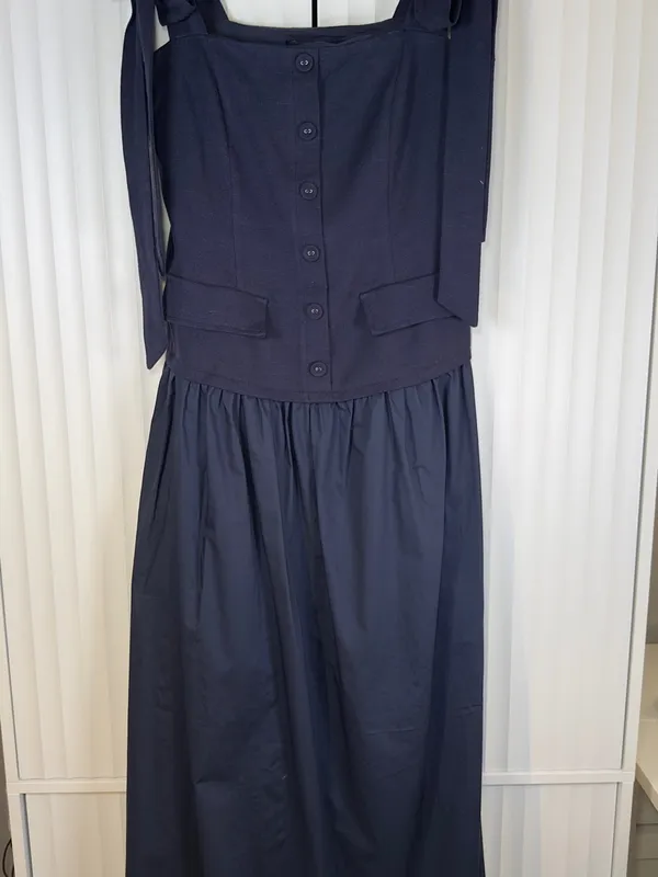 NWT English Factory Silk Blend Square Neck Navy Tie-Shoulder Maxi Dress SMALL - Image 2