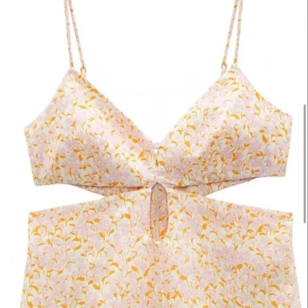 Zara Floral Linen Blend Cut-out Mini Pink Strappy Dress Small - Image 4