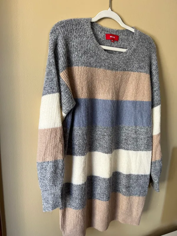 Sweater Mini Dress in Gray, Cream & Tan Stripes - Image 4
