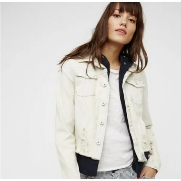 Free People Hoodie Jacket Women XS White Distressed Double‎ Weave Denim - Image 2