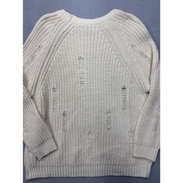 Bishop + Young Sweater Small Distressed Chunky Knit Cream Raglan Long Sleeve - Image 5
